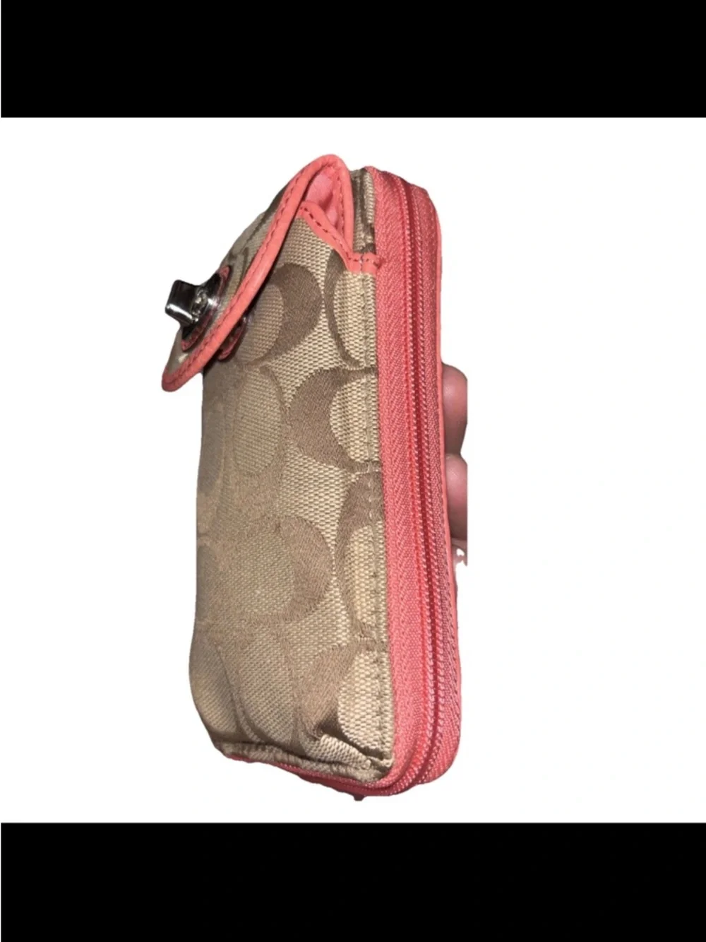 Coach Park Signature Zip Wallet Wristlet Khaki F50117 Brown Leather Clutch Coral